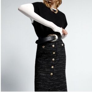 Zara Black Tweed Midi Skirt with Gold Buttons
